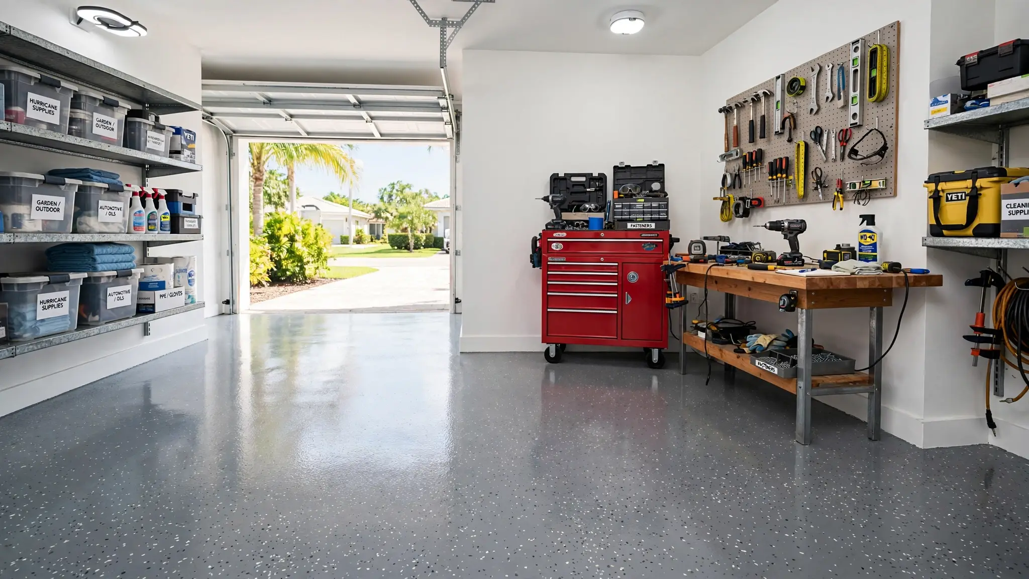 Seamless gray epoxy garage floor with decorative flakes in a bright South Florida garage