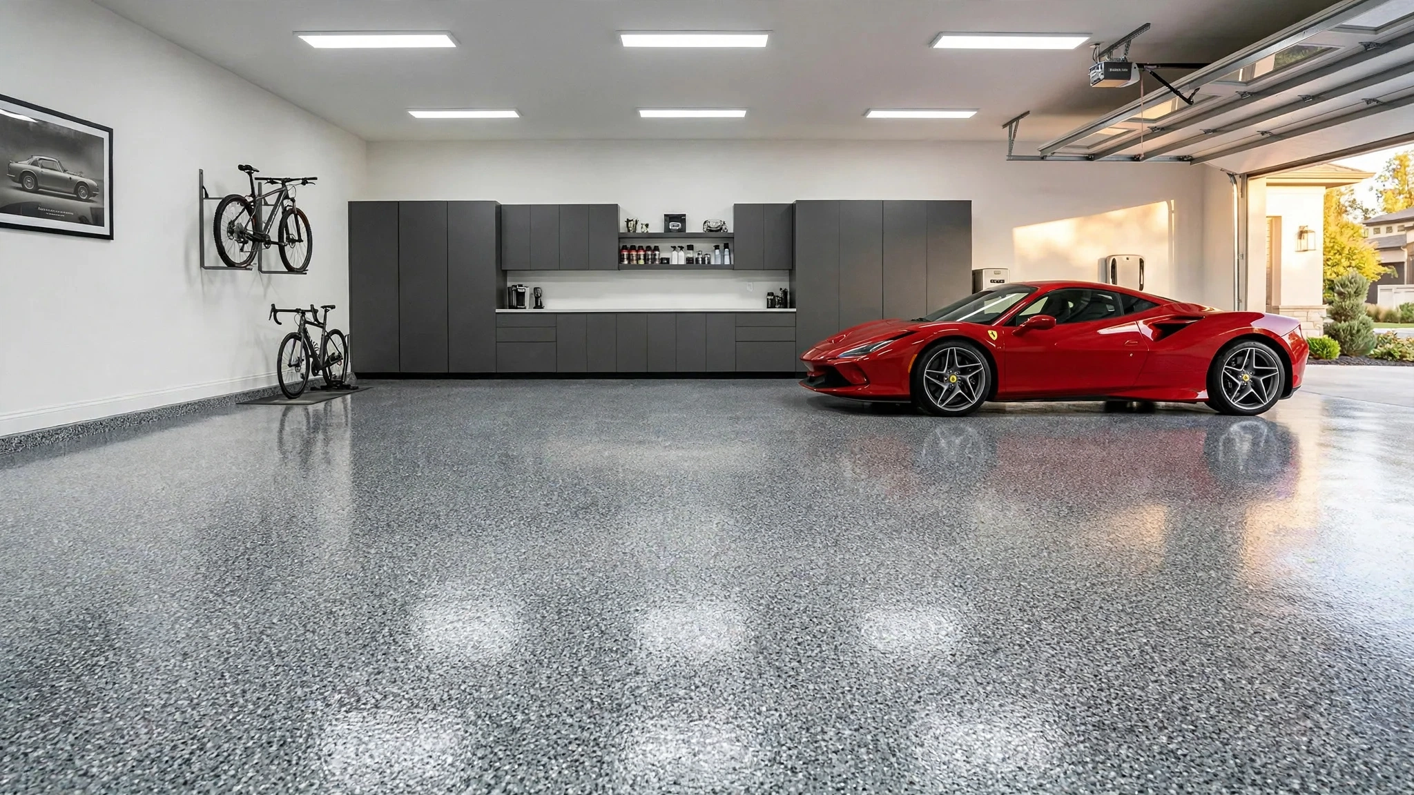 Modern garage with a glossy epoxy floor