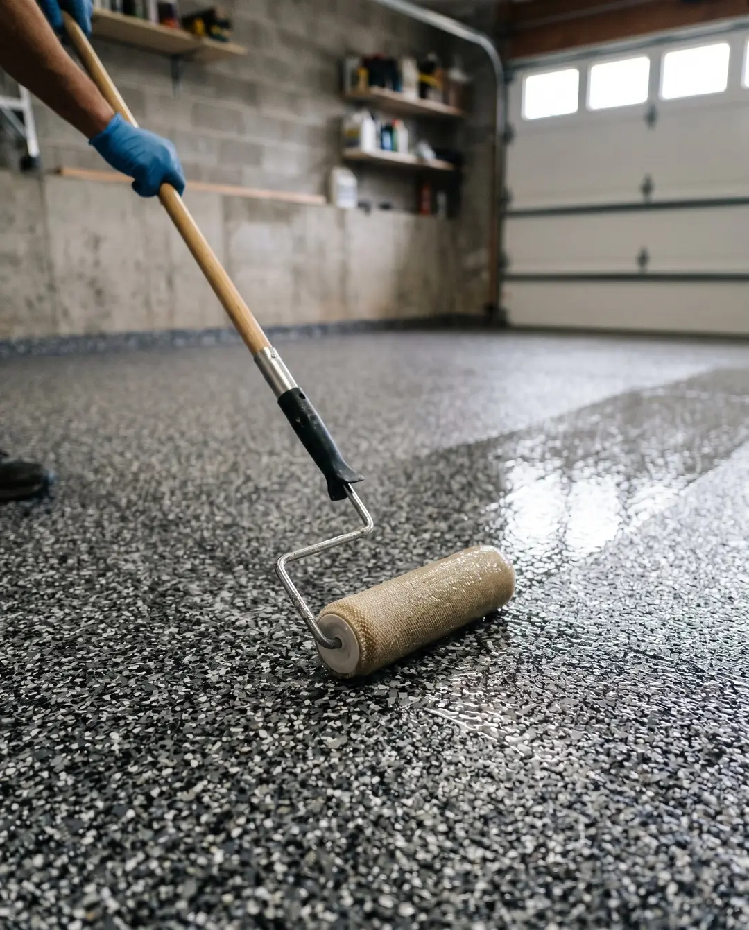 Protective coating being rolled onto a garage floor